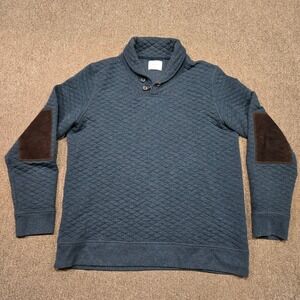 Billy Reid Sweater Mens XL Blue Quilted Elbow Patch Shawl Neck Button Pullover